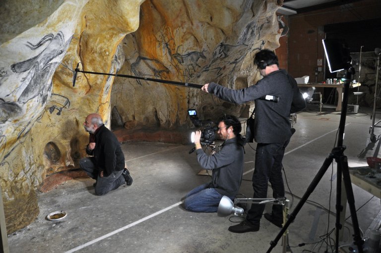 Shooting on the replica of the Vallon-Pont-d'Arc cave (known as the Chauvet cave)