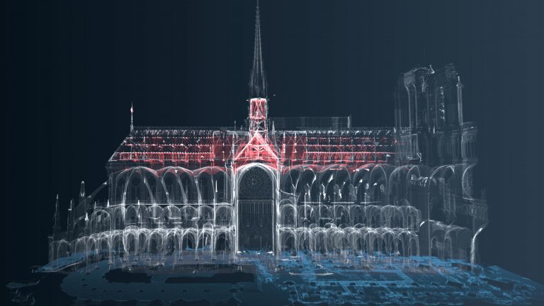 Coupe longitudinale sur la partie sud de Notre-Dame de Paris, avant l’incendie du 15 avril 2019 (superposition de nuages de points 3D).