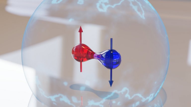 Le qubit est la brique fondamentale de l’ordinateur quantique, une superposition de 2 états, spin up (rouge) et spin down (bleu). 