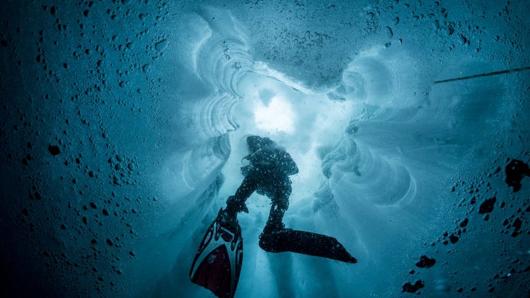 Remontée d’un plongeur par un trou creusé dans la banquise au fond du fjord Young Sund, au Groenland. 
